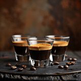 Ristretto, Espresso and Lungo coffee shots on the table, background is clean blurred, dark theme, coffee concept