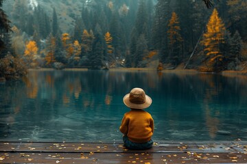 Wall Mural - A calm scene on the shore of a lake: a boy sits on a wooden pier and admires nature.
