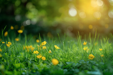Wall Mural - Green grass with yellow dandelions in the park. Nature background