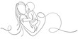 Mother and baby line art. Mom hugs child. Motherhood and newborn concept. Happy mother line vector illustration. Parent loving kid, happy mother day design for card
