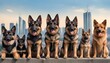 International dog day with cute dogs  including Yorkshire dogs and German Shepherd dogs and domestic dogs are standing and looking front behind them city background