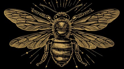Wall Mural - Honey bee vector engraving illustration on black background