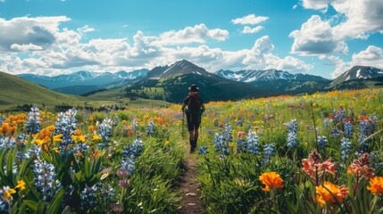 Wall Mural - A lone hiker walking through a field of wildflowers on a sunny summer day