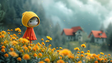 Little Girl In Red Dress Standing In Field Of Yellow Flowers