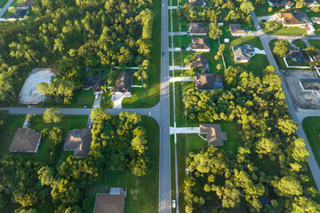 Sticker - Aerial view of american small town in Florida with private homes between green palm trees and suburban streets in quiet residential area