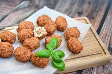 Wall Mural - Home made Feta and Olives Stuffed Greek Meatballs .Greek confort food. Mediterranean diet 