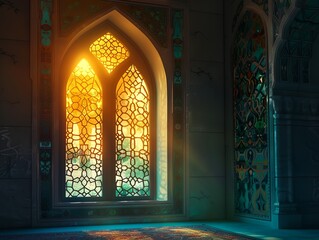 Wall Mural - A window with a golden sun shining through it