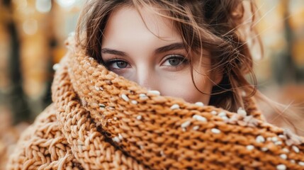 Wall Mural - A woman bundled up in a cozy, oversized wool sweater, perfect for a chilly autumn day.knitted sweater