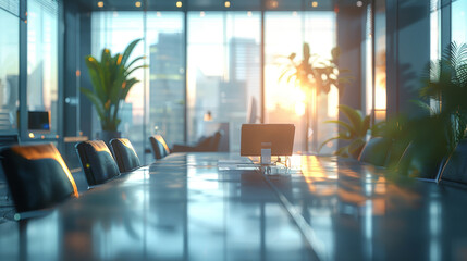 A blurred office conference room with large glass windows, blurred modern office meeting room interior