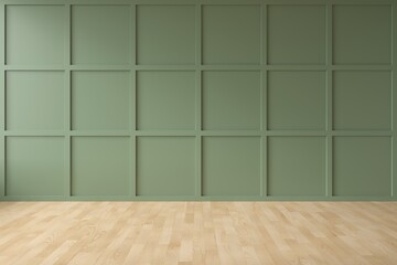 Poster - interior green wall background with wooden floor. empty space for products presentation or text for 