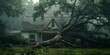 Roof damage to a house caused by a fallen tree during a hurricane. Concept Hurricane Damage, Tree Impact, Roof Repair, Natural Disasters, Home Insurance