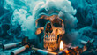 A mysterious skull emerging from a veil of smoke, with burning cigarettes scattered around,