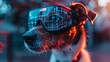 A close-up of a dog wearing virtual reality goggles, with a cyberpunk aesthetic and neon lighting effects.