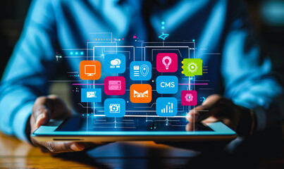 Poster - Business professional interacts with virtual interface displaying Content Management System CMS & related technologies for website management, content creation, digital marketing strategies on tablet