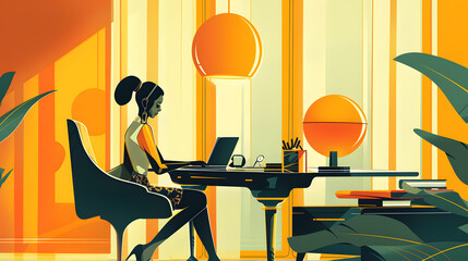 Poster - Cartoon illustration of a businesswoman working on a laptop in a bright office