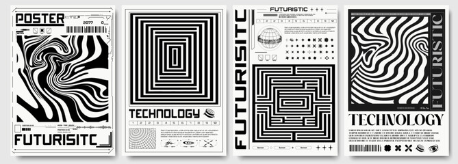 Wall Mural - Tech posters set. White patterns from curved lines. Black and white retro cyberpunk style. Futuristic cover 2000s style with brutal wireframe figureset. Ideal for banner, flyer, card.  Vector