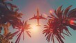Vibrant sunset: airplane soaring over palm trees, radiant sun rays illuminate the sky - travel and vacation concept