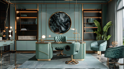 Wall Mural - A bright and airy mint green home office with a sleek wooden table and elegant mint green armchairs.