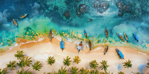 Wall Mural - Aerial view of tropical beach with boats and palm trees. Top view