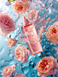 One plain shampoo bottle, floating in the air angle, commercial product photography, water splashes, roses, refreshing color palette with cool shades background. 