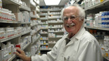 Fototapeta  - Senior man wearing a white lab coat standing in a pharmacy aisle filled with shelves of medications and health products