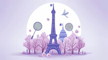 A Cartoonish Drawing Of The Eiffel Tower With A Bird Flying Over It. The Drawing Is In A Pastel Color Scheme And Has A Whimsical, Playful Feel To It