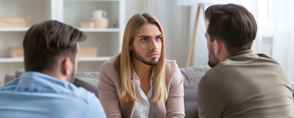 A focused person engages in a serious talk with two others in a brightly lit room