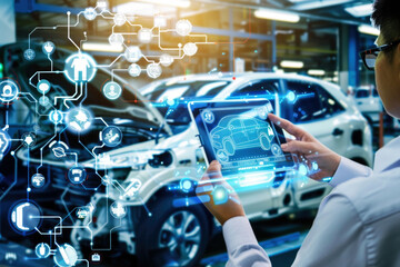 Industry engineer in factory using smart tablet device to control networking for auto industry. Smart industry 4.0 technology concept