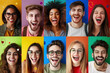 Multiracial group of friends with joyful expressions on a vibrant, multi-colored backdrop