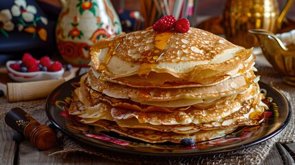 Sticker - Delicious homemade pancakes stacked on a decorative plate, served with berries and honey. Perfect for a cozy breakfast or brunch setup. High quality food photography. AI