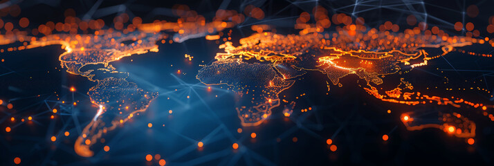 Poster - Digital world map with global network connections and data flow lines, technology, innovation, business, connectivity, digital transformation