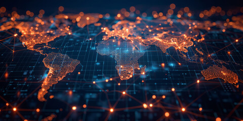 Poster - Digital world map with global network connections and data flow lines, technology, innovation, business, connectivity, digital transformation