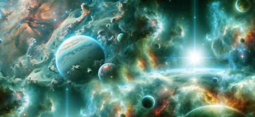 Wall Mural - abstract space background with nebula, planets and galaxy like sci-fi and fantasy universe concept