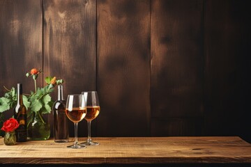 Wall Mural - Two glasses of white wine on wooden background. Copy space for text.