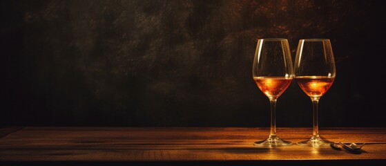 Two glasses of rose wine on wooden table over dark grunge background.