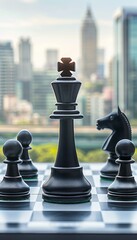 Wall Mural - Strategic leadership symbolized by chess pieces on board with blurred background, space for text