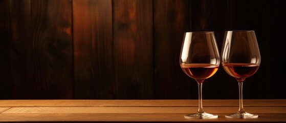 Wall Mural - Two glasses of red and white wine on a wooden background. Close-up.