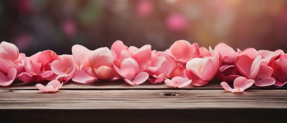 Wall Mural - Wooden table with pink flower petals on background bokeh.