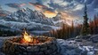 fire with a view of a snowy mountain