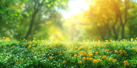 Wall Mural -  Spring field with fresh nature. Green spring meadows with blurred forest in the background.A beautiful spring summer meadow. Natural colorful panoramic landscape with many wild flowers of daisies