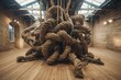 A large rope sculpture fills a room