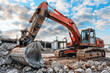 Lateral view of a big crawler excavator working on demolition construction site

