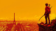 A man is standing on a rooftop with a bow and arrow, looking out over a city. The image has a warm, orange tone and a sense of adventure