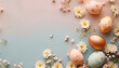 Happy Easter composition with painted eggs and flowers. Soft light. Pastel colors. 