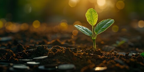 Canvas Print - Seedling Emerging from Coins Symbolizing Investment Growth and Business Potential