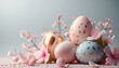 Happy Easter composition with painted eggs and flowers. Soft light. Pastel colors. 