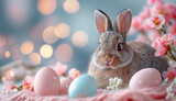 Fototapeta  - Happy Easter composition with cute bunny, painted eggs and flowers. Soft light. Pastel colors. 