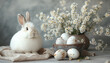 Happy Easter composition with cute bunny, painted eggs and flowers. Soft light. Pastel colors. 