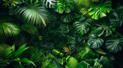 Wall Mural - Exotic tropical jungle with lush palm leaves and trees panoramic wallpaper nature concept