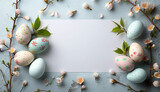 Fototapeta  - Happy Easter mock up composition with painted eggs and flowers. Soft light. Pastel colors. 